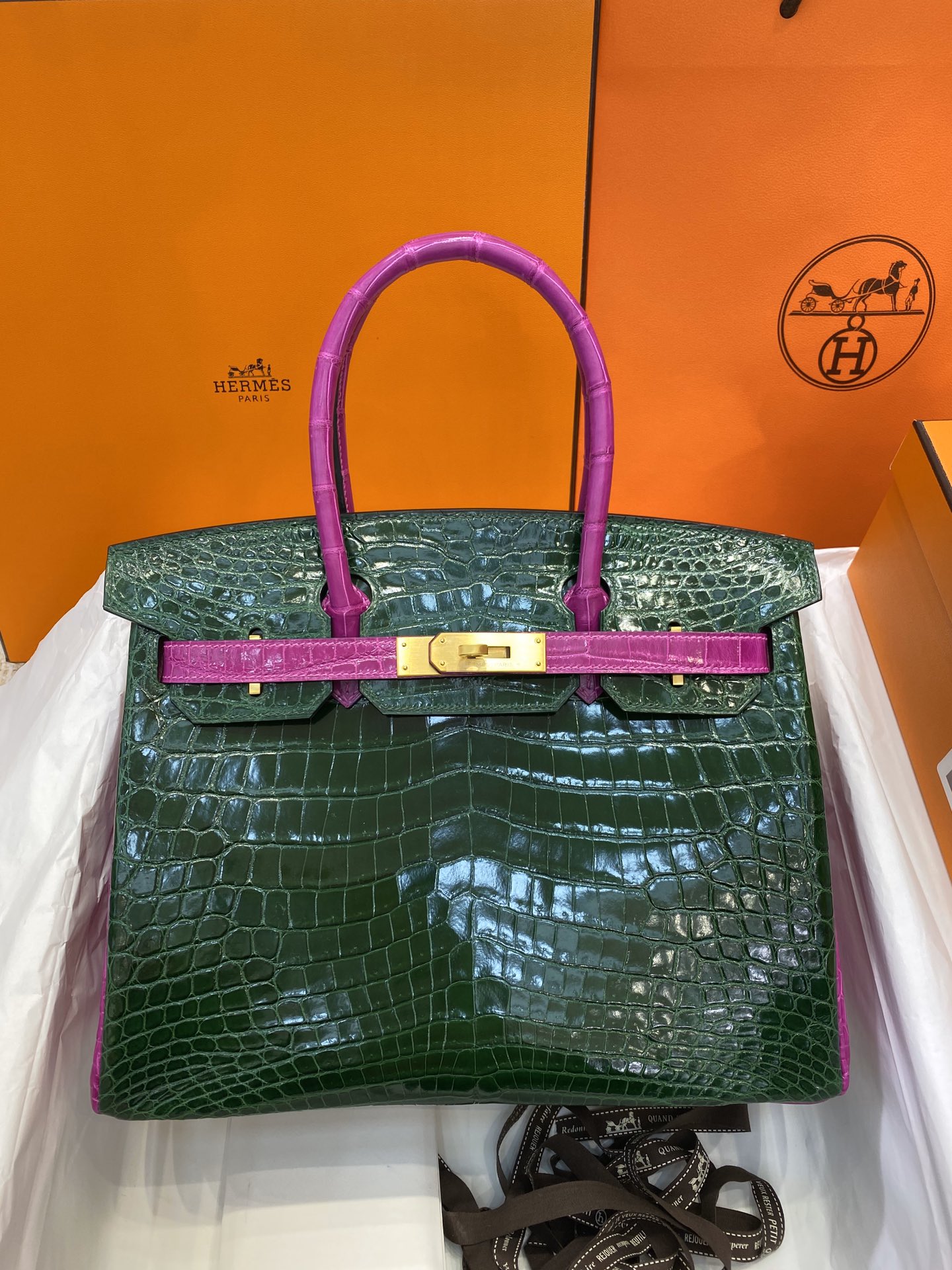 Hermes Birkin 30CM Handmade Bag In Green Purple Crocodile Niloticus Shiny Skin